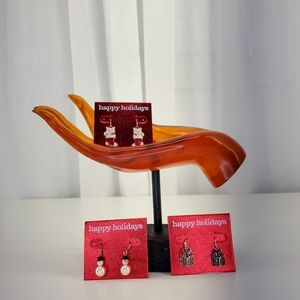 HAPPY HOLIDAYS BUNDLE TRIO HOLIDAY EARRINGS. CATS, PRESENTS & SNOWMAN. $14.00